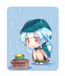 Rule 34 | 1girl, blue hair, blush, blush stickers, boots, box, cardboard box, chibi, commentary request, eye contact, hands on own knees, hood, kappa, looking at another, open mouth, oshiro project:re, oshiro project:re, pink eyes, rain, raincoat, sasahara (oshiro project), shaneru, signature, squatting, translation request