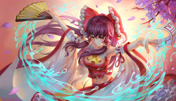 Rule 34 | 1girl, ascot, bare shoulders, breasts, brown hair, cherry blossoms, cleavage cutout, clothing cutout, crop top, detached sleeves, female focus, folding fan, gradient background, hair ribbon, hair tubes, hakurei reimu, hand fan, highres, holding, japanese clothes, long hair, long sleeves, looking at viewer, mafuyu (867208837), midriff, miko, navel, ofuda, orange eyes, outstretched arms, petals, red shirt, ribbon, shirt, skirt, skirt set, sleeveless, sleeveless shirt, smile, solo, touhou, upper body, water, wide sleeves, wind