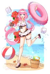 Rule 34 | 1girl, :d, arm up, ball, beach, beachball, bendy straw, bikini, bikini under clothes, black footwear, blue eyes, blue jacket, blue sky, breasts, cleavage, cloud, cocktail umbrella, coconut, commentary, dice, drinking straw, elysia (honkai impact), elysia (miss pink elf) (honkai impact), flower, food, frilled innertube, frilled jacket, frills, fruit, fruit cup, hairband, highres, holding, holding food, holding fruit, holding swim ring, honkai (series), honkai impact 3rd, horizon, innertube, jacket, long hair, medium breasts, mofumanju, ocean, open clothes, open jacket, open mouth, pink hair, red flower, sand, sandals, short sleeves, signature, sky, smile, solo, standing, standing on one leg, starfish, swim ring, swimsuit, symbol-only commentary, very long hair, water, white bikini, white hairband