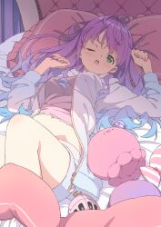 Rule 34 | 1girl, ahoge, alternate costume, angry, bed, bedroom, blue hair, blush, breasts, candy, commentary, crescent-shaped pupils, dot nose, food, gradient hair, green eyes, head on pillow, highres, himemori luna, hololive, hood, hood down, hoodie, indoors, kanzaki hiro, long hair, long sleeves, looking at viewer, luknight (himemori luna), lying, medium breasts, midriff, multicolored hair, on back, on bed, one eye closed, open clothes, open hoodie, open mouth, pillow, pink hair, pink shirt, shirt, shorts, sidelocks, solo, teeth, two-tone hair, unzipped, upper teeth only, virtual youtuber, white hoodie, white shorts, zipper