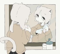 Rule 34 | 1girl, animal ears, brown sweater, cat ears, cat girl, cat tail, highres, holding, holding own hair, long hair, long sleeves, low twintails, mirror, new amool, original, outside border, reflection, soap dispenser, solo, standing, sweater, tail, twintails