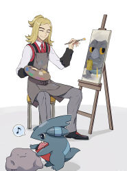 Rule 34 | 1boy, ^ ^, apron, art brush, artist name, artist painter, berry (pokemon), black footwear, black vest, blonde hair, canvas (object), closed eyes, closed mouth, collared shirt, commentary request, creatures (company), ditto, easel, eighth note, forehead, frigibax, game freak, gen 1 pokemon, gen 4 pokemon, gible, grey apron, grey background, grey pants, hand up, hassel (pokemon), high ponytail, highres, holding, holding paintbrush, kaminokefusa, long hair, long sleeves, musical note, necktie, nintendo, on stool, open mouth, paintbrush, painting (object), palette (object), pants, parted bangs, pocket, pokemon, pokemon (creature), pokemon sv, ponytail, red necktie, sharp teeth, shirt, shoes, simple background, sitrus berry, sitting, smile, solid circle eyes, speech bubble, spoken musical note, stool, teeth, vest, white background, white shirt, wing collar