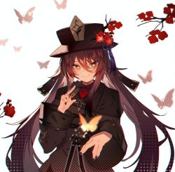Rule 34 | 1girl, black coat, black hat, blush, breasts, brown hair, bug, butterfly, coat, flower, genshin impact, hat, hat flower, hu tao (genshin impact), insect, long hair, long sleeves, looking at viewer, nail polish, plum blossoms, red eyes, small breasts, smile, solo, soukou makura, symbol-shaped pupils, twintails, very long hair
