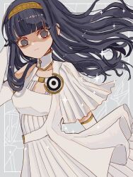 Rule 34 | 1girl, absurdres, artist name, black eyes, black hair, blunt bangs, closed mouth, detached collar removed, dress, eyelashes, gloves, gnosia, hairband, han (hn-khk), highres, hime cut, long hair, looking at viewer, smile, solo, straight hair, white dress, white gloves, yuriko (gnosia)
