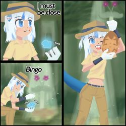 Rule 34 | 1girl, 2girls, arm up, arrow (symbol), belt, blue eyes, blue hair, blush, breasts, comic, compass, english text, fedora, forest, gawr gura, gloves, hair ornament, hairclip, hat, highres, hololive, hololive english, light rays, medium hair, midriff, multicolored hair, multiple girls, nature, on one knee, one eye closed, pants, plant, potato, potato ame, shirt, short hair, short twintails, small breasts, souls4u, streaked hair, t-shirt, tree, twintails, virtual youtuber, watson amelia, white hair, wink, wristband