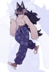 Rule 34 | 1girl, absurdres, animal ears, black hair, blue eyes, cropped sweater, dark-skinned female, dark skin, grey hair, highres, holding, holding pillow, long hair, looking at viewer, maejpg ., multicolored hair, navel, original, pillow, sleeves past wrists, slippers, solo, sweater, tail, white sweater, wolf ears, wolf girl, wolf tail