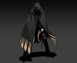 Rule 34 | 1boy, absurdres, belt, black cloak, black legwear, boots, chain, cloak, dual wielding, gogalking, gradient background, highres, holding, holding sickle, holding weapon, hood, hood up, khopesh, male focus, mask, original, pouch, shadow, sickle, standing, weapon