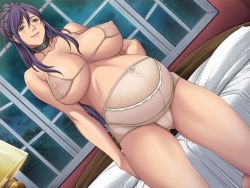 Rule 34 | 10s, 1girl, bare legs, blush, bra, breasts, choker, cleavage, covered erect nipples, empress (studio), female focus, game cg, gluteal fold, high-waist panties, large breasts, lingerie, lips, long hair, maternity underwear, mature female, mole, mole under mouth, nipples, nonohara mikako, panties, pregnant, purple eyes, purple hair, see-through, sei shoujo, smile, solo, standing, starless, thick thighs, thighs, underwear, will (company), window
