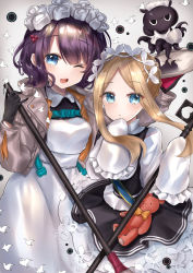 Rule 34 | 2girls, abigail williams (fate), abigail williams (festival outfit) (fate), absurdres, apron, artist request, black gloves, black skirt, blonde hair, blue eyes, blush, breasts, closed mouth, cup, dress, fate/grand order, fate (series), flower, forehead, gloves, grey jacket, hair flower, hair ornament, hairpin, heroic spirit festival outfit, highres, jacket, katsushika hokusai (fate), katsushika hokusai (festival outfit) (fate), long hair, long sleeves, looking at viewer, maid headdress, medium breasts, mop, multiple girls, octopus, official alternate costume, one eye closed, open clothes, open jacket, open mouth, parted bangs, purple hair, sash, sidelocks, simple background, skirt, sleeves past fingers, sleeves past wrists, small breasts, smile, stuffed animal, stuffed toy, teacup, teddy bear, tokitarou (fate), tray, white background, white dress