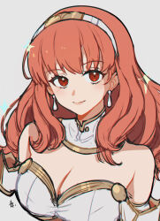 1girl bare_shoulders blunt_bangs breasts celica_(fire_emblem) cleavage earrings fire_emblem fire_emblem_echoes:_shadows_of_valentia jewelry looking_at_viewer medium_hair nintendo portrait red_hair smile solo zedoraart