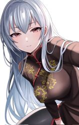 Rule 34 | 1girl, black dress, breasts, brown eyes, closed mouth, commentary request, corrupted twitter file, dress, earrings, floral print dress, grey hair, hair between eyes, highres, idolmaster, idolmaster cinderella girls, jewelry, large breasts, long hair, long sleeves, looking at viewer, outstretched arm, popon ta, print dress, simple background, smile, solo, stud earrings, takamine noa, white background