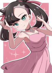 Rule 34 | 1girl, absurdres, asymmetrical bangs, black hair, blush, closed mouth, creatures (company), dress, earrings, game freak, green eyes, hair ribbon, highres, jewelry, looking at viewer, marnie (pokemon), nintendo, pink dress, pokemon, pokemon swsh, red ribbon, ribbon, rono (lethys), sleeveless, smile, solo, twintails