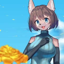 Rule 34 | 1girl, animal ear fluff, animal ears, animal nose, beast75025575, bob cut, breasts, brown hair, cloud, elbow gloves, fang, flower, gloves, hair between eyes, looking at viewer, medium breasts, muzzle, open mouth, ribbed sweater, short hair, sleeveless, sleeveless turtleneck, snout, sweater, thick eyebrows, turtleneck