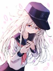 Rule 34 | 1girl, absurdres, anchor symbol, black hat, black sailor collar, black skirt, blue eyes, blush, closed mouth, dfd, flat cap, grey hair, hair between eyes, hat, hibiki (kancolle), highres, jewelry, kantai collection, long hair, long sleeves, neckerchief, red neckerchief, ring, sailor collar, school uniform, serafuku, simple background, skirt, smile, solo, upper body, wedding ring, white background