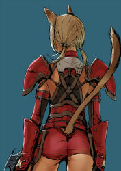 Rule 34 | 00s, 1girl, animal ears, armor, arms at sides, ass, back, bad id, bad pixiv id, blonde hair, blue background, branch (blackrabbits), clothing cutout, cowboy shot, faulds, final fantasy, final fantasy xi, high-waist shorts, holding, holding sword, holding weapon, mithra (ff11), pauldrons, shorts, shoulder armor, simple background, skin tight, solo, sword, tail, tail through clothes, twintails, weapon
