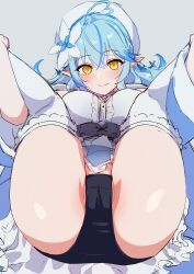 Rule 34 | 1girl, ahoge, beret, black panties, blue coat, blue hair, blue skirt, blush, breasts, cameltoe, closed mouth, clothes lift, coat, commentary, corset, feet out of frame, flower, grey background, hair between eyes, hair flower, hair ornament, hat, heart, heart ahoge, hololive, koyubi maru, light blue hair, long hair, looking at viewer, medium breasts, miniskirt, multicolored hair, open clothes, open coat, paid reward available, panties, pointy ears, shirt, simple background, sketch, skirt, skirt lift, smile, solo, spread legs, streaked hair, thighhighs, thighs, two-tone hair, underbust, underwear, virtual youtuber, white flower, white hat, white shirt, white thighhighs, yellow eyes, yukihana lamy, yukihana lamy (1st costume)