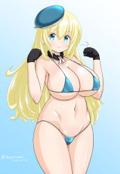 Rule 34 | 1girl, atago (kancolle), beret, bikini, black gloves, blonde hair, blue background, blue bikini, blue hat, breasts, commentary request, cowboy shot, dated, gloves, gradient background, green eyes, hat, kantai collection, large breasts, long hair, masara (chuujou), micro bikini, puff of air, solo, swimsuit, twitter username