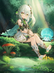 Rule 34 | + +, 1girl, abandon ranka, bare shoulders, braid, closed mouth, commentary request, cross-shaped pupils, day, dress, feet, forest, full body, genshin impact, green eyes, green hair, grey hair, hair between eyes, highres, legs, lily pad, long hair, multicolored hair, mushroom, nahida (genshin impact), nature, no shoes, outdoors, own hands together, pointy ears, side ponytail, sitting, sleeveless, sleeveless dress, smile, socks, soles, stirrup legwear, symbol-shaped pupils, toeless legwear, toes, tree, two-tone hair, white dress