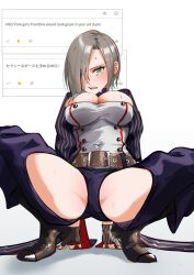 Rule 34 | 1girl, belt, belt buckle, blush, breasts, brown belt, buckle, cleavage, commentary request, crotch focus, english text, ert raitsui, fingerless gloves, girls&#039; frontline, gloves, green eyes, grey hair, hair over one eye, highres, large breasts, leather belt, long sleeves, m legs, mg5 (girls&#039; frontline), open mouth, shoes, short hair, solo, striped sleeves