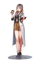 Rule 34 | 1girl, :d, absurdres, belt, black survival, bow, character name, clipboard, cup, doctor, full body, hair bow, highres, jewelry, lab coat, long hair, looking at viewer, low twintails, mug, name tag, necklace, one touch, open mouth, shorts, simple background, smile, solo, standing, twintails, white background, yellow eyes
