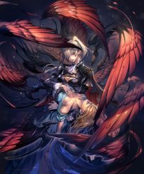 Rule 34 | 2girls, artist request, blonde hair, capelet, cygames, feathered wings, hair over eyes, hair over one eye, hand on another&#039;s chest, holding person, looking at viewer, mole, multiple girls, multiple wings, official art, pointy ears, ponytail, purple eyes, seraph, shadowverse, valnareik omen of lust, wings