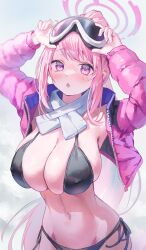Rule 34 | 1girl, absurdres, bikini, black bikini, blue archive, blush, breasts, cleavage, cowboy shot, dotthebot, eimi (blue archive), eimi (swimsuit) (blue archive), goggles, goggles on head, halo, highres, jacket, large breasts, long hair, long sleeves, looking at viewer, navel, official alternate costume, open clothes, open jacket, open mouth, pink eyes, pink hair, pink halo, pink jacket, ponytail, scarf, solo, swimsuit, very long hair, white scarf