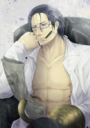 Rule 34 | 1boy, abs, amputee, black hair, cigar, glasses, hand rest, highres, hook, male focus, muscular, newspaper, nipples, one piece, open clothes, open shirt, reading, shirt, crocodile (one piece), smoke, smoking, solo, white shirt