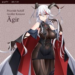 Rule 34 | 2021, absurdly long hair, absurdres, aegir (azur lane), artist name, azur lane, bare shoulders, black cape, black dress, black gloves, bodystocking, boots, breast curtains, breasts, cape, character name, covered navel, cross, cross earrings, demon horns, dress, earrings, gloves, hebitsukai-san, highres, horns, iron cross, jewelry, knee boots, large breasts, long hair, looking at viewer, medal, microdress, multicolored hair, panties, pantyhose, red hair, revealing clothes, simple background, single knee boot, skin tight, skindentation, solo, streaked hair, string panties, two-tone hair, underwear, very long hair, white hair, yellow eyes