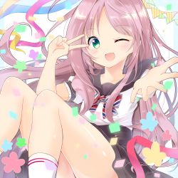 Rule 34 | 1boy, ;d, black skirt, bow, bowtie, commentary request, confetti, cropped legs, feet out of frame, green eyes, hanabusa kokoro, highres, i-chu, knees up, long hair, male focus, one eye closed, open hand, open mouth, outstretched hand, pink hair, puffy short sleeves, puffy sleeves, ribbon, sailor collar, school uniform, shirt, short sleeves, sitting, skirt, smile, socks, solo, streamers, striped bow, striped bowtie, striped clothes, striped neckwear, swept bangs, trap, v over eye, very long hair, white shirt, yurufuwa milk