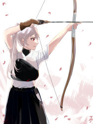 Rule 34 | 1girl, archery, arrow (projectile), black skirt, black undershirt, bow (weapon), cherry blossoms, fate/grand order, fate (series), gloves, hair between eyes, highres, kyuudou, long hair, makano (user zpua3342), muneate, partially fingerless gloves, partly fingerless gloves, petals, pleated skirt, ponytail, red eyes, silver hair, skirt, solo, tomoe gozen (fate), turtleneck, weapon, white background, yugake