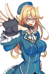 Rule 34 | + +, 1girl, :d, atago (kancolle) (cosplay), atago (kancolle), bad id, bad pixiv id, black gloves, blonde hair, breasts, cosplay, fingerless gloves, gloves, grey eyes, hand on own hip, hat, iowa (kancolle), kantai collection, long hair, open mouth, simple background, smile, solo, star-shaped pupils, star (symbol), symbol-shaped pupils, teeth, white background, wulazula