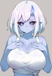 1girl black_sclera blue_eyes blue_horns blue_skin blush breasts closed_mouth collarbone colored_sclera colored_skin commentary_request hands_on_own_chest highres horns kamidan large_breasts looking_at_viewer original pointy_ears shirt short_hair single_horn solo tied_shirt upper_body white_hair