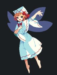 Rule 34 | 1girl, 4qw5, barefoot, black background, blonde hair, blue eyes, capelet, dress, fairy, fairy wings, full body, hat, highres, lily white, long sleeves, open mouth, pixel art, short hair, simple background, smile, solo, touhou, white capelet, white dress, white hat, wide sleeves, wings