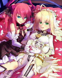 Rule 34 | 10s, 2girls, ahoge, blonde hair, blue eyes, blush, bodysuit, breasts, cat, claws, detached sleeves, dress, elizabeth bathory (fate), elizabeth bathory (fate/extra ccc), elizabeth bathory (first ascension) (fate), fate/extra, fate/extra ccc, fate (series), green eyes, horns, lock, long hair, looking at viewer, multiple girls, nero claudius (bride) (fate), nero claudius (fate), nero claudius (fate) (all), padlock, pink hair, pointy ears, tail, two side up, veil, yude