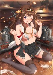 Rule 34 | 10s, 1girl, ahoge, brown hair, burnt clothes, detached sleeves, hairband, japanese clothes, kantai collection, kongou (kancolle), long hair, nontraditional miko, open mouth, solo, torn clothes, wince, yi l chen 5