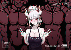 Rule 34 | 1girl, apron, bare arms, bare shoulders, black apron, blush, breasts, character name, cleavage, commentary request, dated, demon girl, demon horns, double v, gargoyle, hand on another&#039;s shoulder, helltaker, highres, horns, large breasts, long hair, looking at viewer, lucifer (helltaker), mole, mole under eye, naked apron, recording, red eyes, smile, sunday se7en, v, white hair, white horns