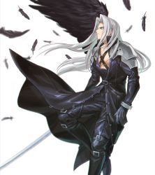 Rule 34 | 1boy, absurdres, armor, black coat, black footwear, black gloves, black pants, black wings, blue eyes, boots, chest harness, closed mouth, coat, falling feathers, feathered wings, feathers, feet out of frame, final fantasy, final fantasy vii, gloves, harness, highres, holding, holding sword, holding weapon, huge filesize, katana, long coat, long hair, long sleeves, looking away, male focus, masamune (ff7), nemoto yuuma, pants, pauldrons, profile, sephiroth, shoulder armor, silver hair, simple background, single wing, solo, sword, weapon, white background, wings