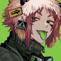 Rule 34 | 1girl, androgynous, colored tongue, commentary, facepaint, fur hat, goggles, goggles around neck, green background, green eyes, green jacket, green tongue, gumi, hair ornament, hat, highres, jacket, looking at viewer, open mouth, panda hero (vocaloid), portrait, sharp teeth, short hair, sign, simple background, solo, teeth, tongue, tongue out, vocaloid, yadu nadu, zipper, zipper pull tab