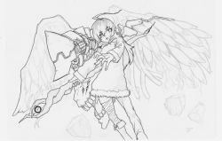 Rule 34 | 1girl, ahoge, asymmetrical legwear, bandaged leg, bandages, cross goli, extra eyes, eyes visible through hair, feathered wings, feathers, fingernails, fur trim, greyscale, hair between eyes, hatching (texture), holding, holding staff, long hair, mecha musume, mismatched legwear, monochrome, monster, open mouth, original, rock, sketch, staff, teeth, tongue, traditional media, tube, unfinished, wings