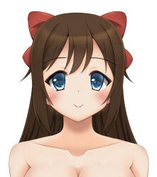 Rule 34 | 1girl, blue eyes, blush, breasts, brown hair, closed mouth, highres, large breasts, long hair, looking at viewer, love live!, love live! nijigasaki high school idol club, nodoca prhythm, nude, osaka shizuku, out-of-frame censoring, simple background, smile, solo, upper body, white background