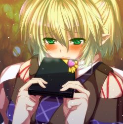 Rule 34 | 1girl, bad id, bad pixiv id, blonde hair, blush, box, detached sleeves, frown, gift, gift box, green eyes, heart, highres, light particles, looking at viewer, mizuhashi parsee, multicolored background, pointy ears, scarf, short hair, solo, sousakubito, touhou, upper body