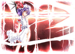 Rule 34 | 1girl, dress, female focus, gradient background, hair over one eye, red eyes, remilia scarlet, sin-go, solo, spear the gungnir, torn clothes, touhou
