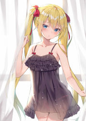 Rule 34 | 1girl, :o, alexmaster, bare arms, bare shoulders, black dress, blonde hair, blue eyes, blue hair, blush, bow, collarbone, commentary request, cowboy shot, curtains, dress, frilled dress, frills, gradient hair, hair between eyes, hair bow, hand up, highres, holding, lingerie, long hair, looking at viewer, multicolored hair, negligee, original, parted lips, red bow, see-through, sidelocks, sleeveless, sleeveless dress, solo, spaghetti strap, transparent, twintails, underwear, very long hair