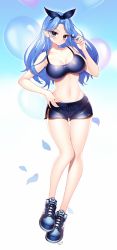 Rule 34 | 1girl, :o, absurdres, armpit crease, balloon, bare legs, bare shoulders, blue background, blue eyes, blue hair, blush, bra, breasts, breasts apart, candy, cleavage, collarbone, contrapposto, dolphin shorts, food, forehead, full body, hair intakes, hairband, hand on own hip, head tilt, highres, holding, huge filesize, impossible clothes, impossible shirt, large breasts, leg up, linea alba, loggi, lollipop, long hair, looking at viewer, lowleg, lowleg shorts, midriff, bae minah (chaesu), navel, nike (company), original, parted bangs, petals, product placement, shiny clothes, shirt, shoes, short shorts, shorts, signature, simple background, sneakers, solo, sports bra, standing, taut clothes, taut shirt, thigh gap, tsurime, underwear