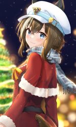 Rule 34 | 1girl, absurdres, animal ears, blue eyes, blue scarf, blurry, blurry background, brown hair, cheval grand (umamusume), christmas, christmas tree, coat, commentary, depth of field, ears through headwear, english commentary, fringe trim, fur-trimmed coat, fur trim, hat, highres, horse ears, horse girl, horse tail, kumakotoy, light blush, long sleeves, looking at viewer, looking back, medium hair, multicolored hair, night, night sky, peaked cap, plaid, plaid scarf, red coat, santa costume, scarf, sky, snowing, solo, standing, streaked hair, tail, umamusume, white hat