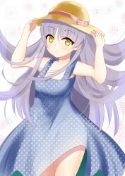 Rule 34 | 1girl, alternate costume, angel beats!, bare arms, blue dress, blush, bow, breasts, collarbone, commentary, cowboy shot, dress, eyes visible through hair, floating clothes, floating hair, grey hair, hair between eyes, hair bow, hands on headwear, hat, highres, long hair, looking at viewer, parted lips, pink bow, sidelocks, simple background, small breasts, solo, standing, star (symbol), star print, tenshi (angel beats!), very long hair, white background, yellow eyes, yellow hat, zenoo