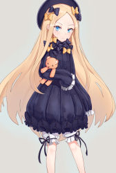 Rule 34 | 1girl, abigail williams (fate), black bow, black dress, black hat, black ribbon, blonde hair, blue eyes, bow, dress, fate/grand order, fate (series), grey background, hair bow, hat, highres, long hair, looking at viewer, lulumiya (abbb1233), polka dot, polka dot bow, ribbon, short dress, shorts, shorts under dress, simple background, sleeves past fingers, sleeves past wrists, solo, stuffed animal, stuffed toy, teddy bear, very long hair, white shorts, yellow bow