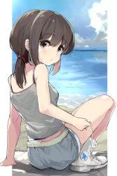 Rule 34 | 1girl, arm support, bare arms, bare shoulders, black hair, blue sky, boots, breasts, brown eyes, camisole, closed mouth, cloud, commentary request, day, fubuki (kancolle), grey camisole, grey shorts, hair between eyes, highres, horizon, houjichaoic, kantai collection, long hair, looking at viewer, looking back, low ponytail, midriff peek, ocean, ponytail, short shorts, shorts, sky, small breasts, solo, water, white footwear