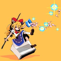 Rule 34 | 1girl, air conditioner, ascot, belt, blonde hair, blue skirt, blush, bow, box, brown belt, brown footwear, brown horns, closed mouth, commentary request, cookie (touhou), enema, full body, gram 9, hair bow, holding, holding sword, holding weapon, horns, ibuki suika, katana, leaning back, long hair, looking at viewer, red ascot, red bow, red eyes, shirt, shoes, short sleeves, simple background, skirt, smile, socks, solo, sparkle, sword, touhou, weapon, white shirt, white socks, yamin (cookie), yellow background
