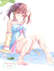 Rule 34 | 1girl, absurdres, barefoot, blunt bangs, bow, brown eyes, brown hair, commentary request, detached sleeves, frilled shirt, frilled sleeves, frills, full body, hair ornament, hair ribbon, highres, idolmaster, idolmaster cinderella girls, knees up, legs, lily pad, looking at viewer, medium hair, miniskirt, ogata chieri, on ground, partially submerged, pink bow, ribbon, shirt, sitting, skirt, solo, strap slip, toes, twintails, yasutarou